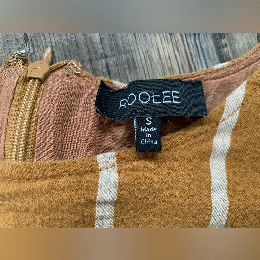 ✨SOLD✨Roolee Cotton Mustard Yellow/Striped 3/4 Sleeve Dress with Pockets Small - Picture 2 of 12